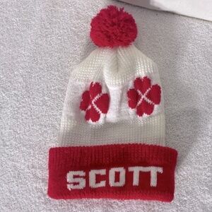 K-Brand White Red Scott Knit Toque Beanie With Pom Pom